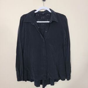 TIBI Silk‎ Black Button-Up Blouse Floral Eyelet Detail Long Sleeve Womens Size 8